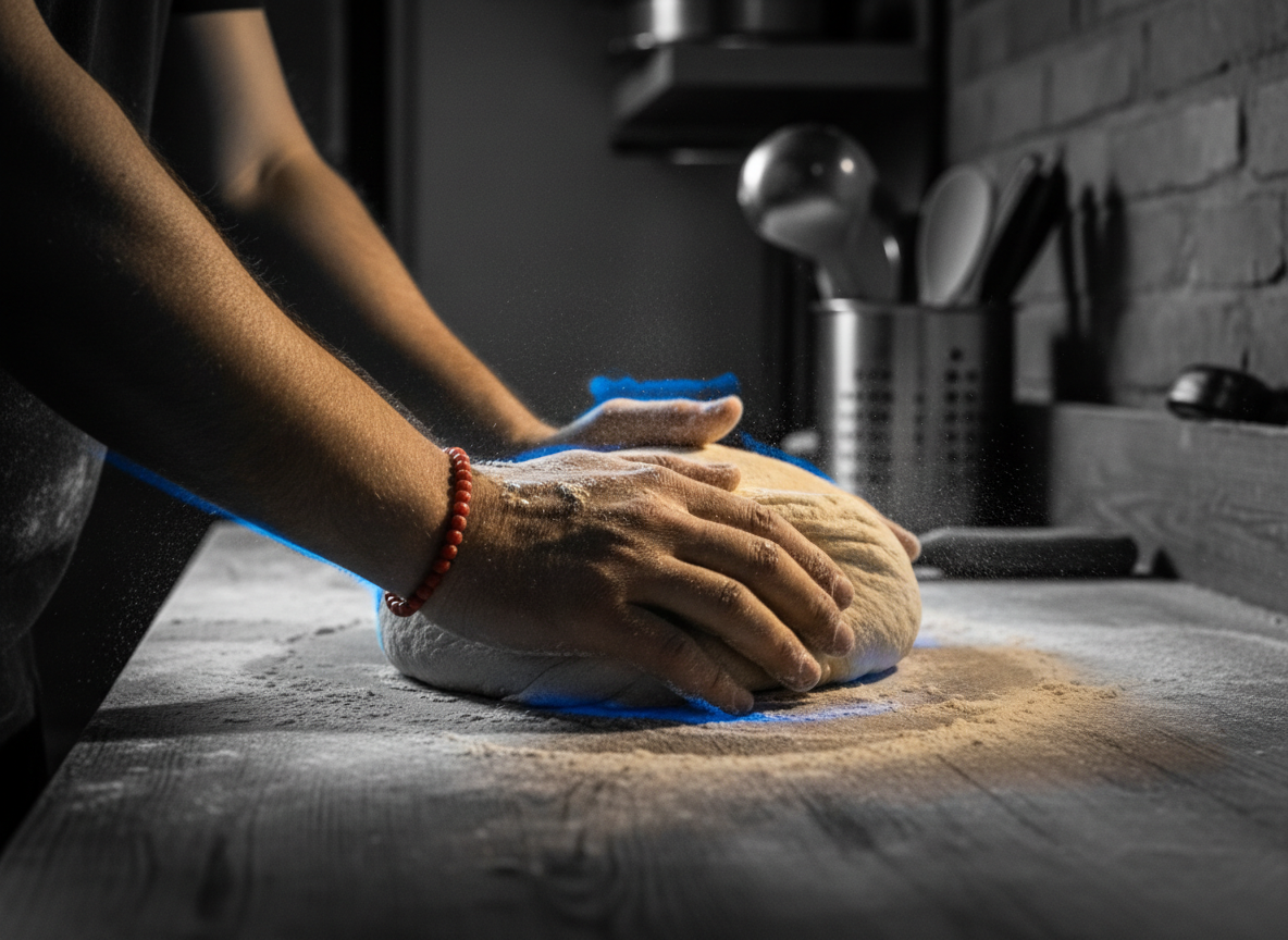 Hands crafting pizza dough in our kitchen