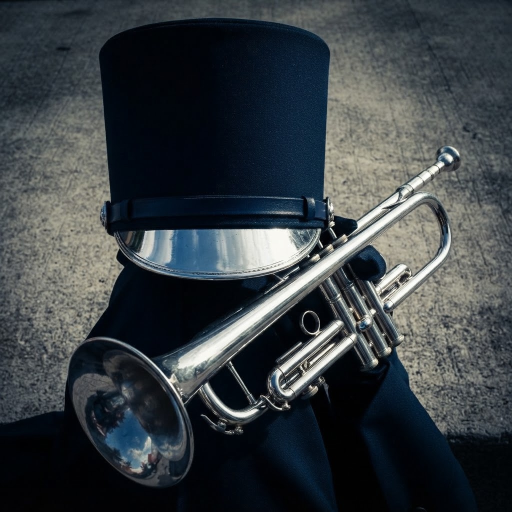Marching band trumpet and shako
