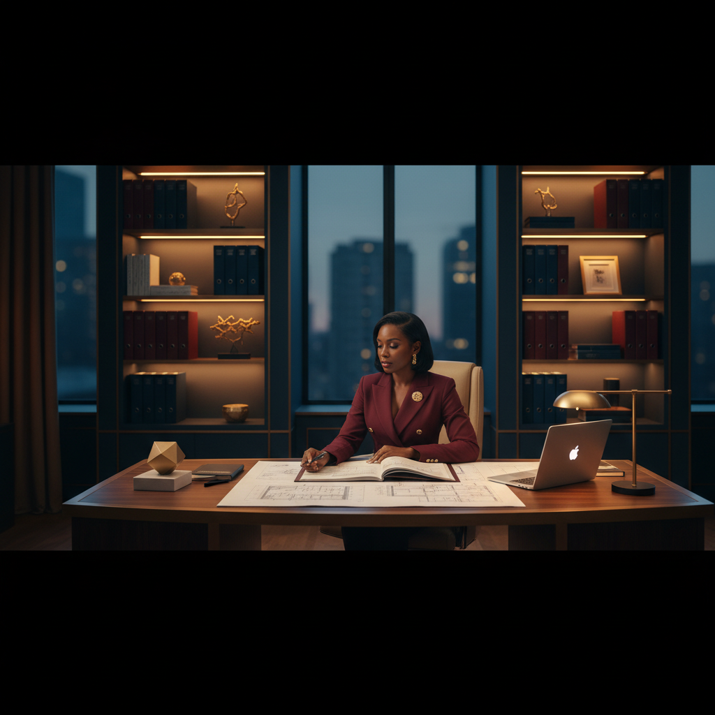 Organized workspace with architectural blueprints and golden pen