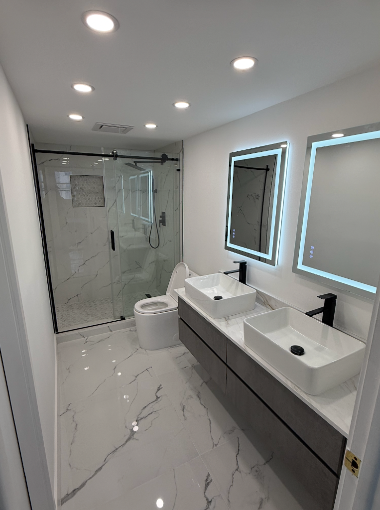 Marble Bathroom — Double Vanity & LED Mirrors — Miami-Dade, FL by Carbon Haus Construction