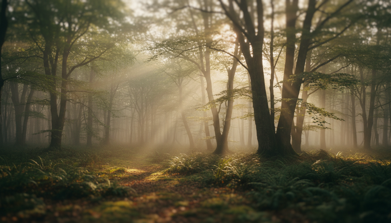 Ethereal misty forest landscape