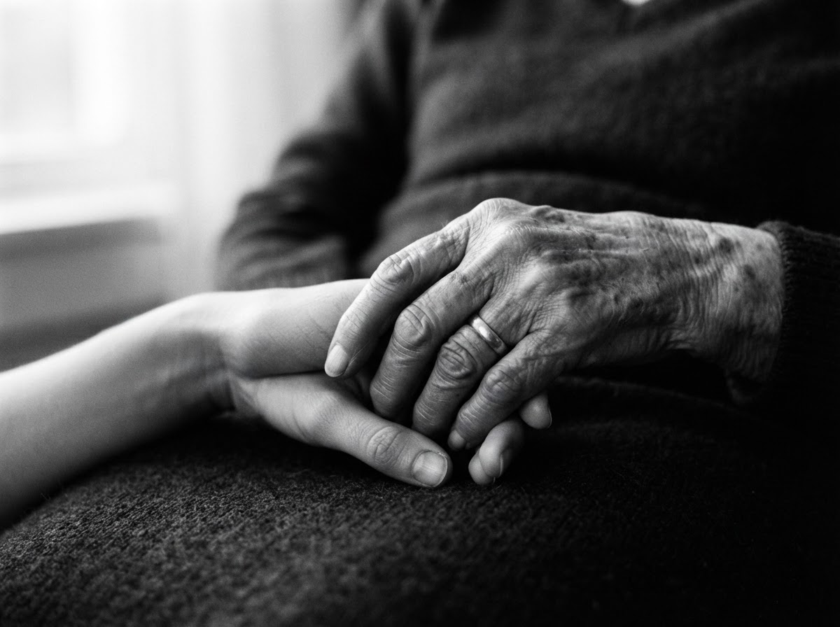 Black-and-white photograph of older and younger hands held together