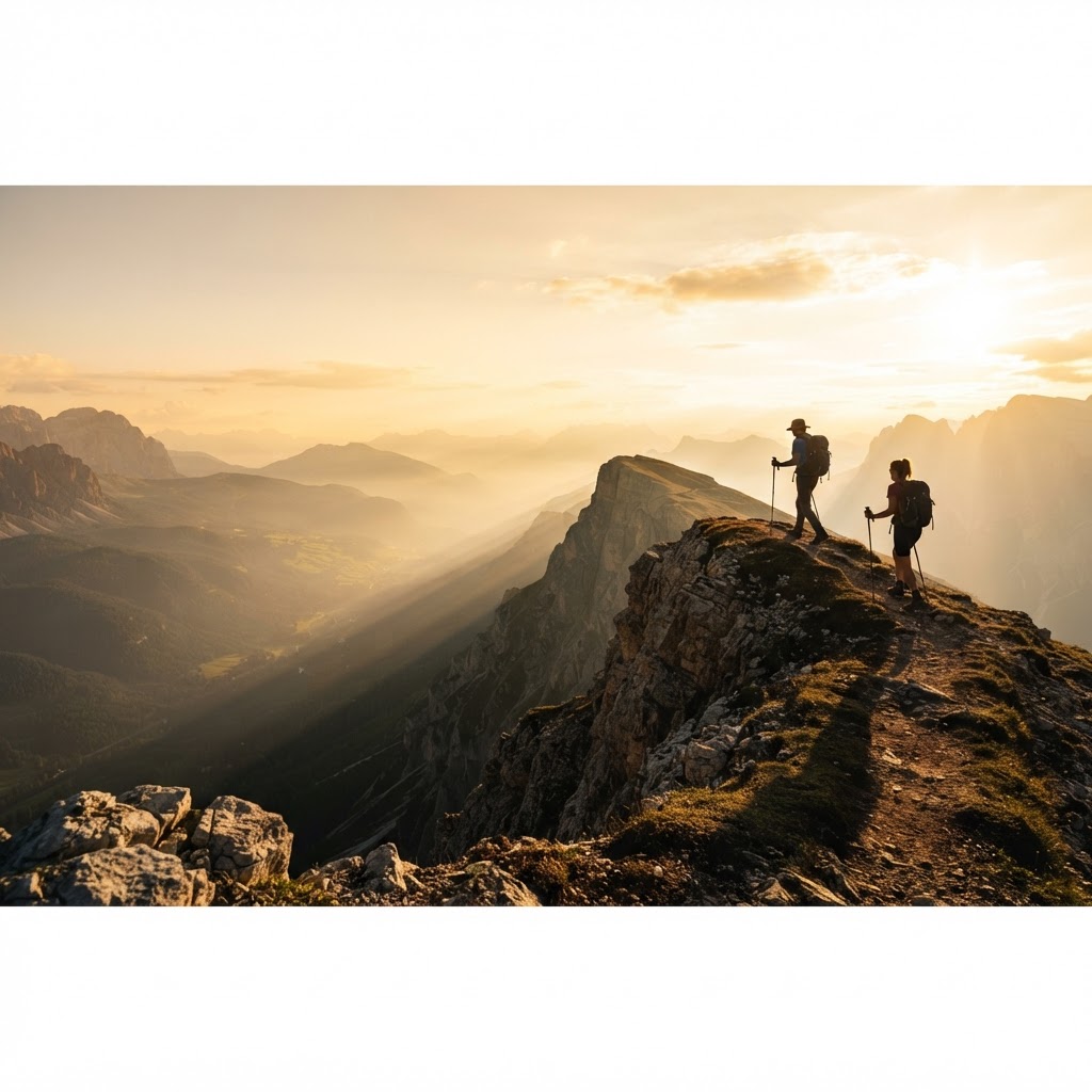 Two figures traversing a mountain ridge at golden hour