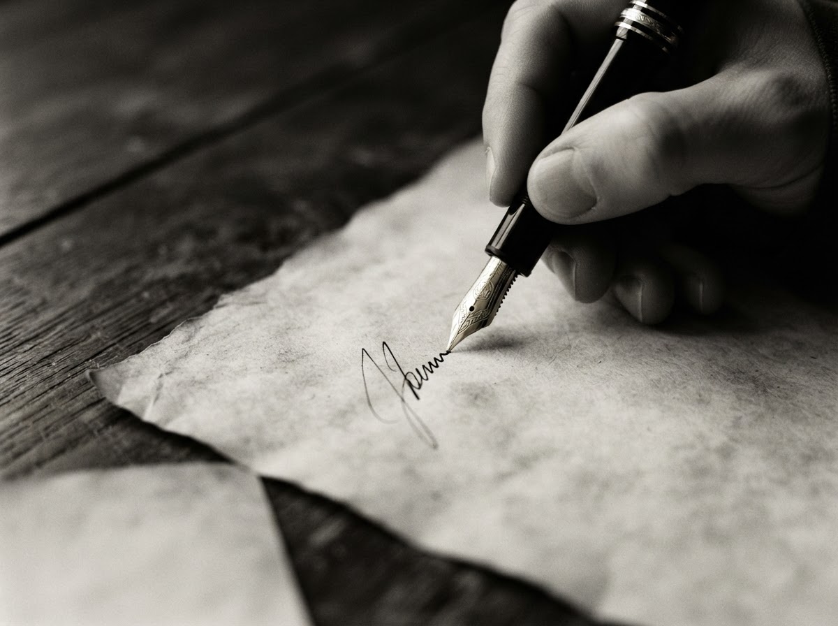 Black-and-white photograph of a fountain pen signing parchment