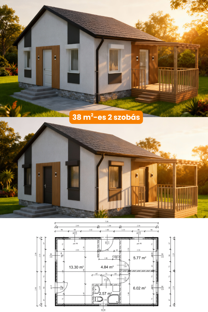 38 m²-es 2 szobás acélvázas modulház látványterv két homlokzati változattal és részletes alaprajzzal