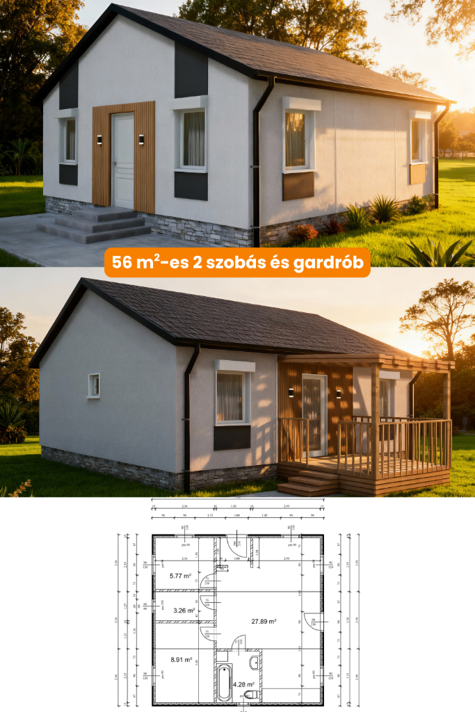 56 m²-es 2 szobás és gardróbos acélvázas kulcsrakész mobilház látványterv két homlokzati nézettel, terasszal és részletes alaprajzzal