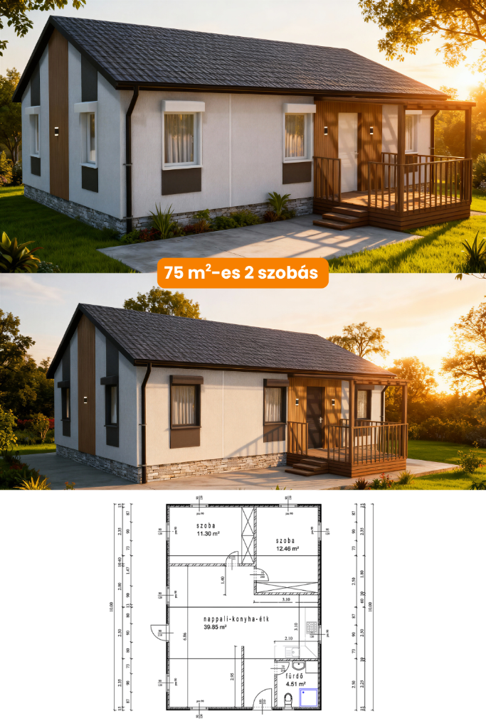 75 m²-es 2 szobás acélvázas kulcsrakész modulház látványterv két teraszos homlokzati nézettel és részletes alaprajzzal