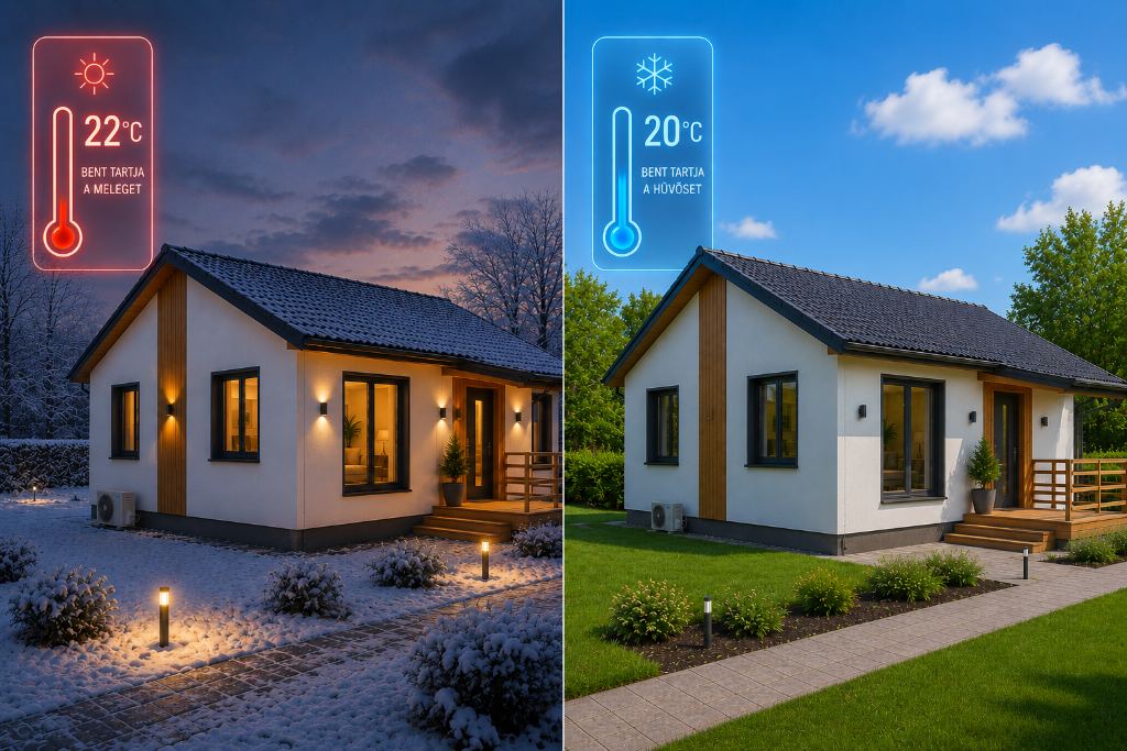 Acélvázas modulház téli fűtése és nyári hűtése klímával, H-tarifa energiahatékonyság bemutatása
