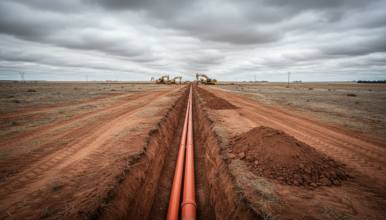 Underground power cable trench in rural landscape