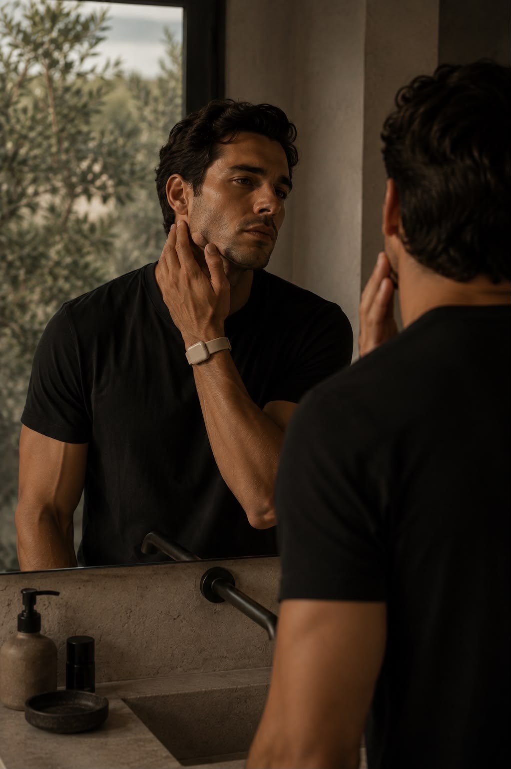 Man reflected in a bathroom mirror wearing the SenseMe Band