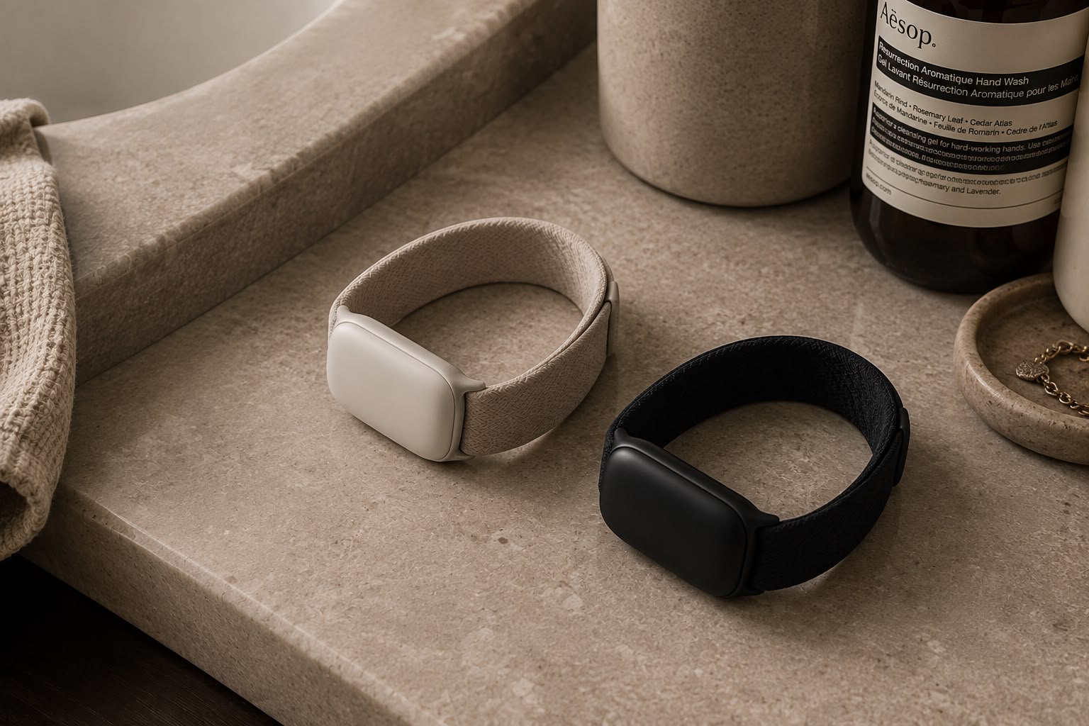 Alabaster and Obsidian SenseMe Bands on a stone counter