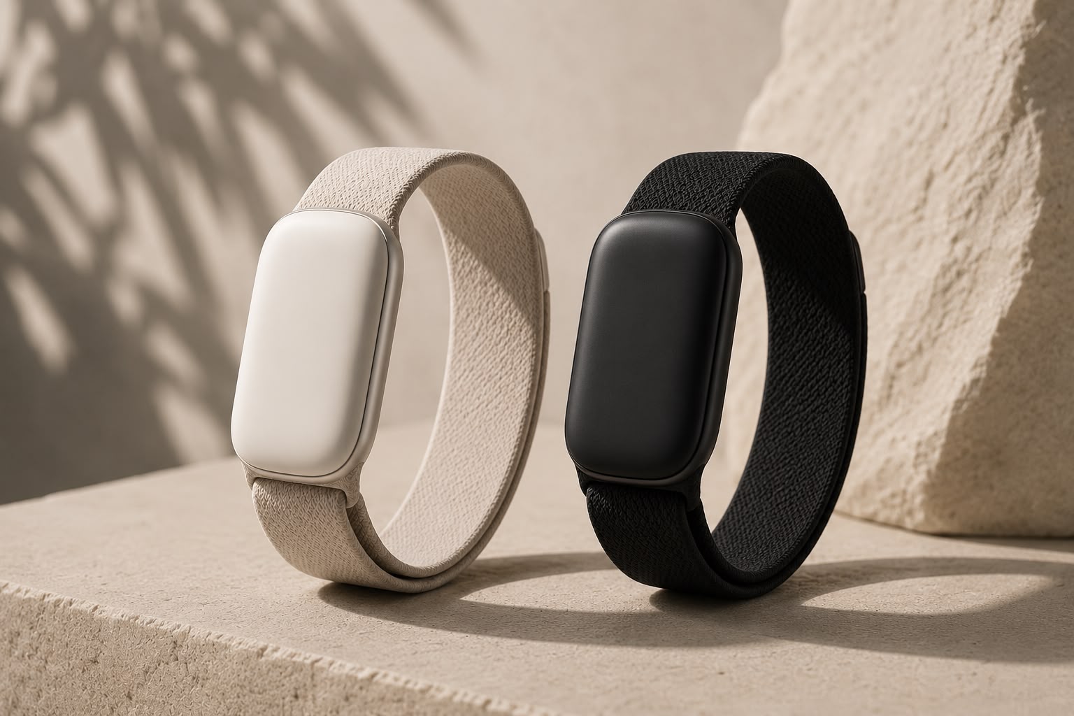 Light and dark SenseMe Bands standing on stone