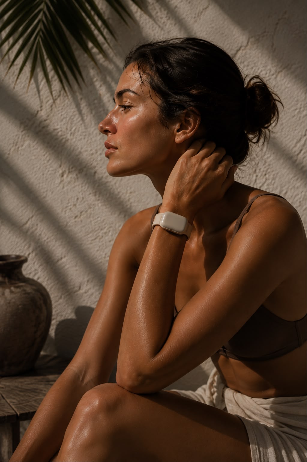 Woman in profile at golden hour wearing the SenseMe Band