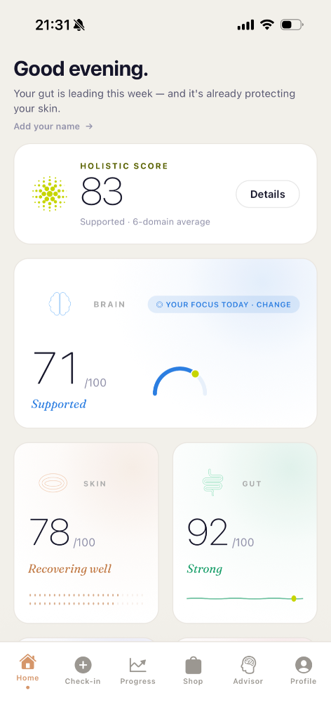 SenseMe app — six-system dashboard receiving live band signals