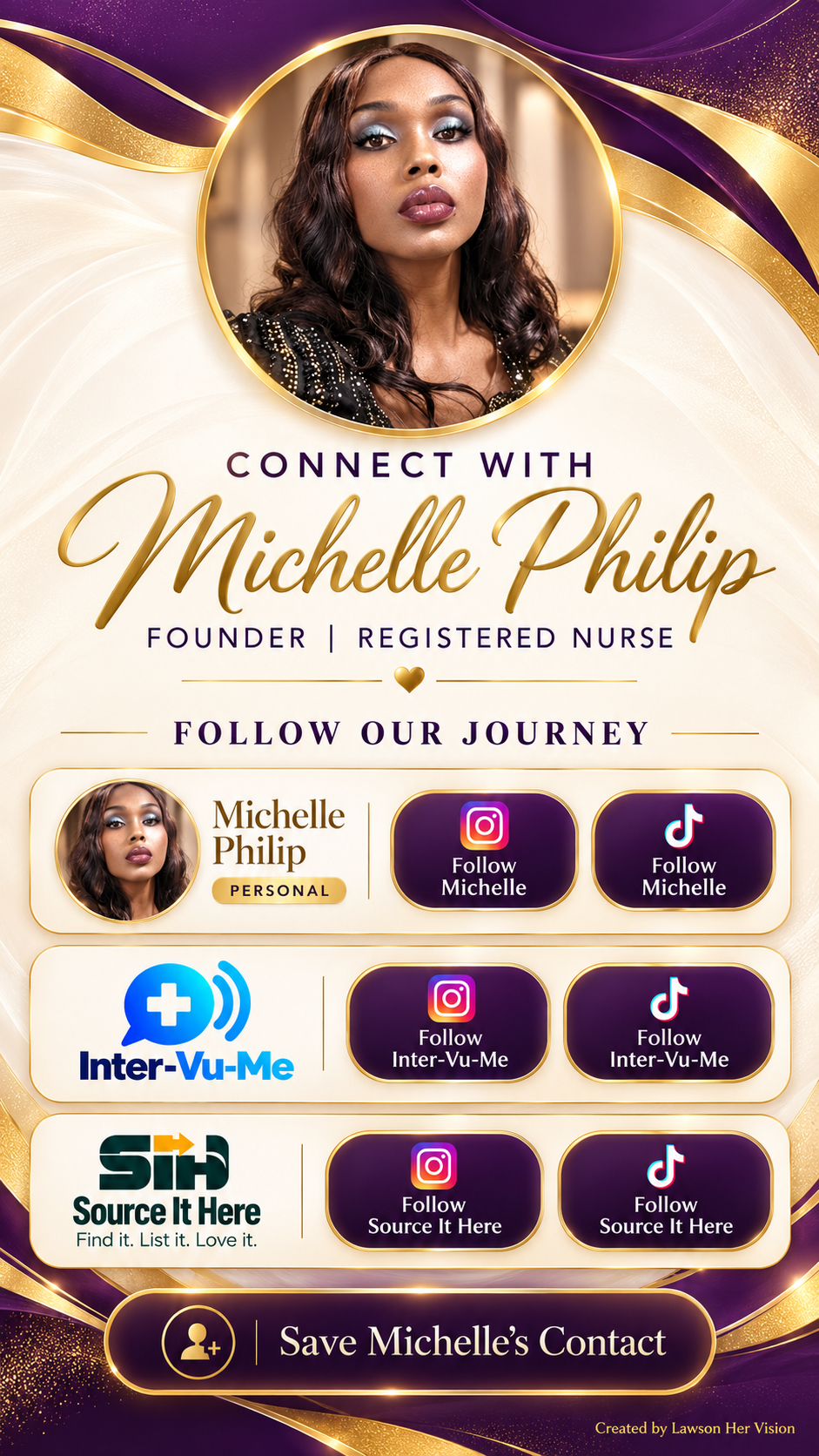Michelle's connect page, with links to follow her brands or save her contact