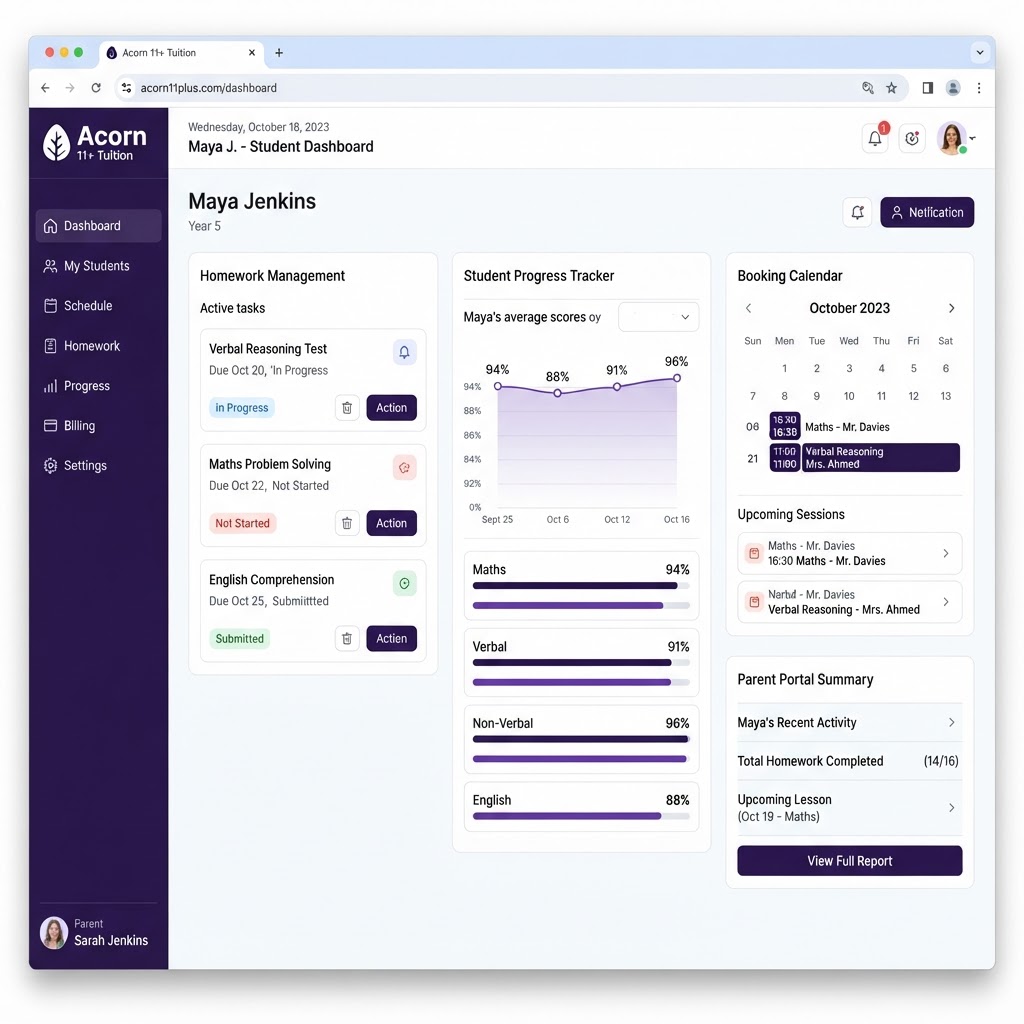 11+ Tuition Business dashboard