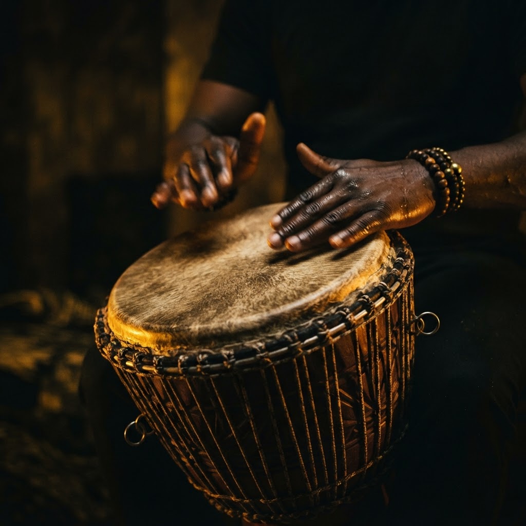 Djembe players in warm amber light