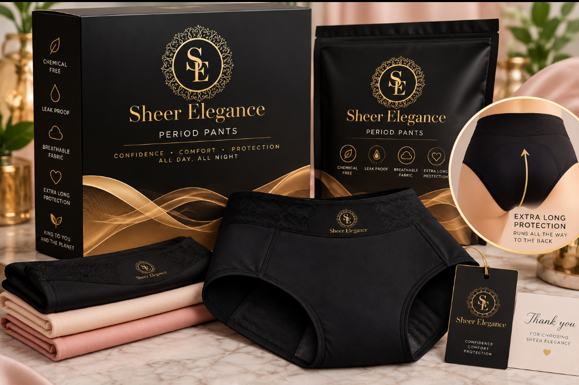 Sheer Elegance product mockup — premium period underwear with black and gold packaging