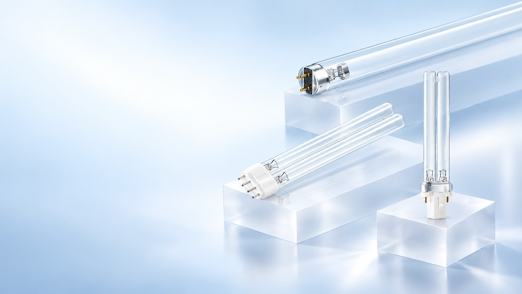 Specialist replacement UV lamps presented on glass plinths