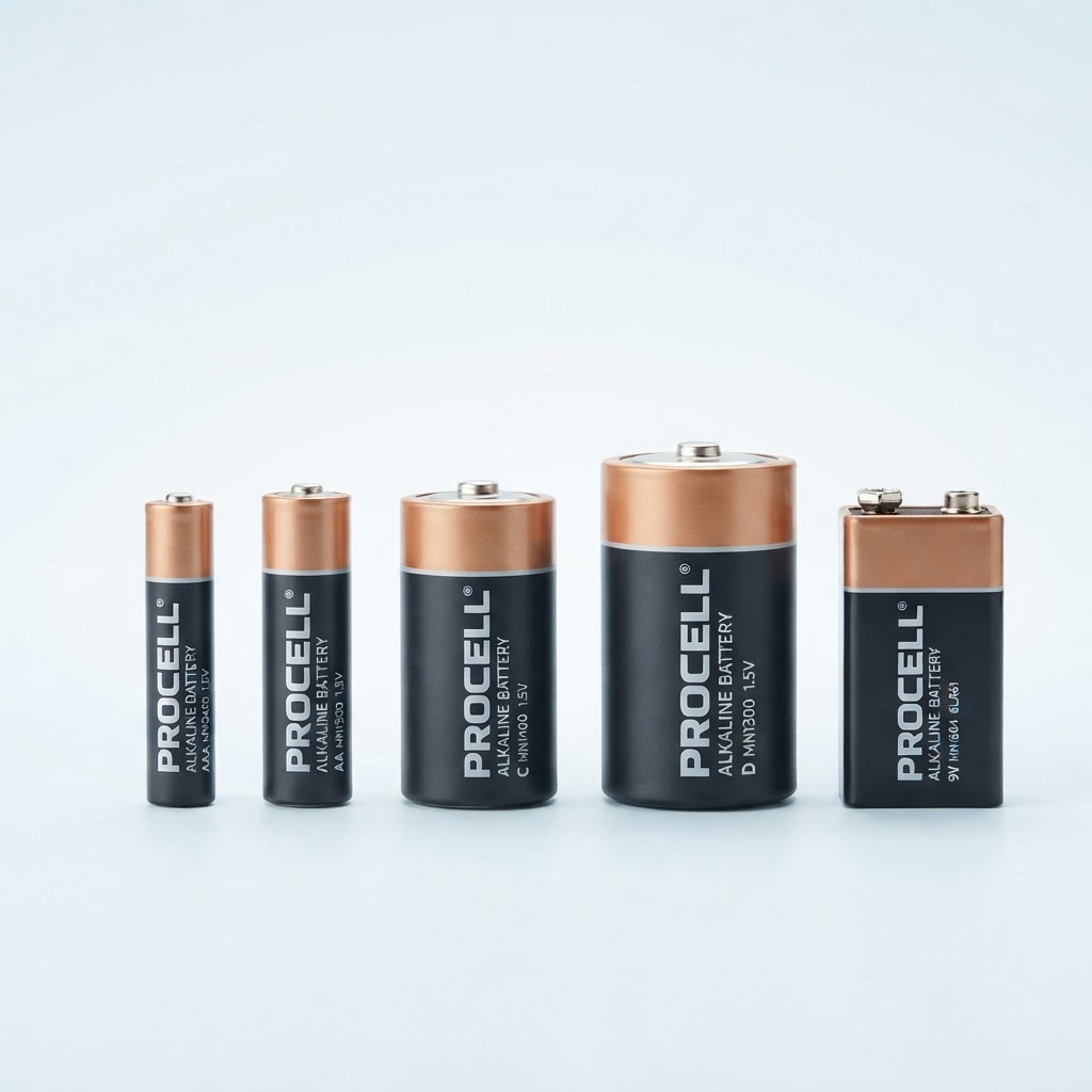Procell professional alkaline batteries in AA, AAA, C, D and 9V sizes