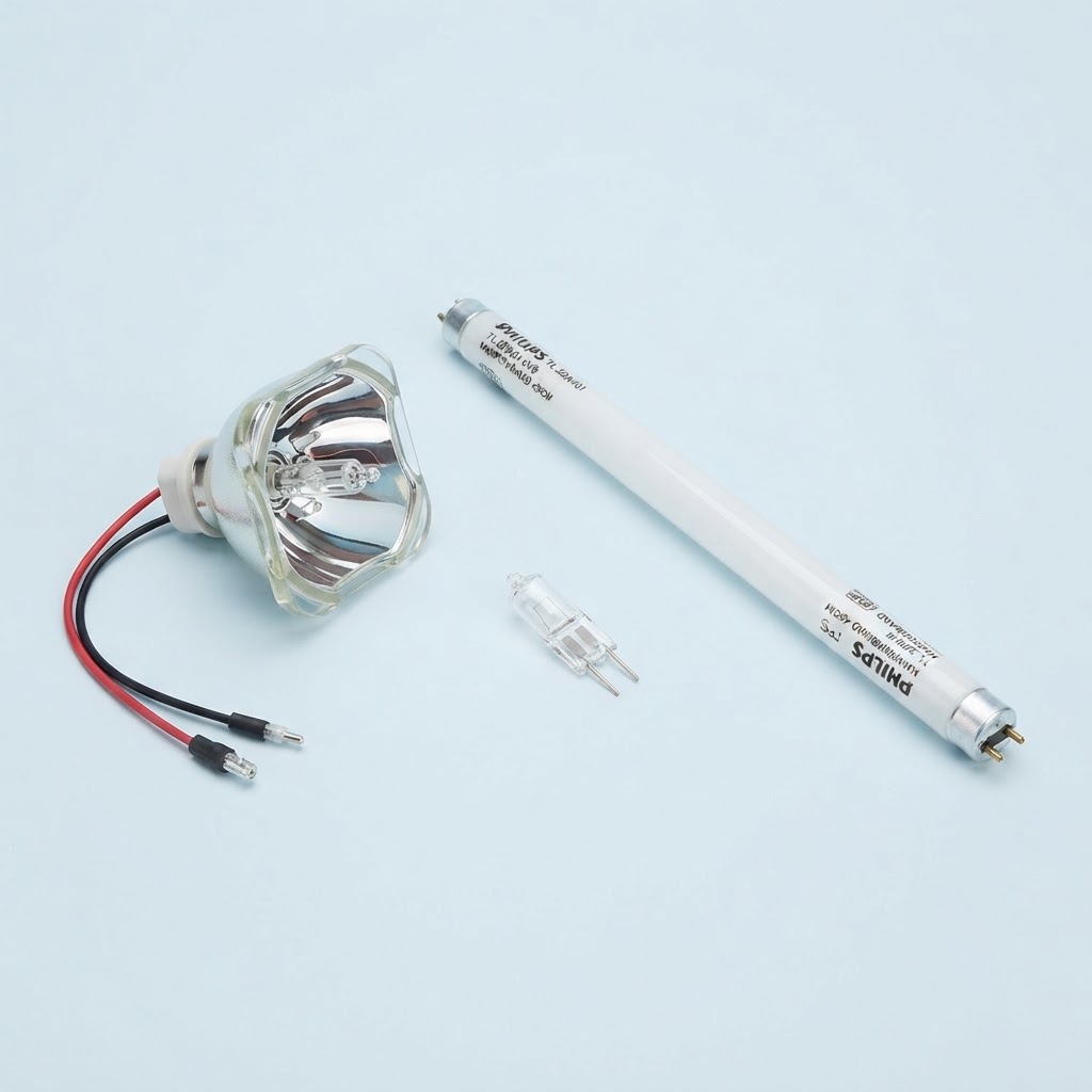 Medical replacement lamps: a xenon short-arc module, a halogen capsule and a narrowband UVB phototherapy tube