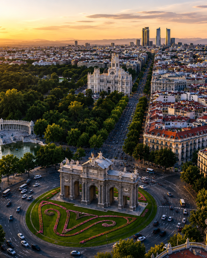 Madrid aerial view at golden hour