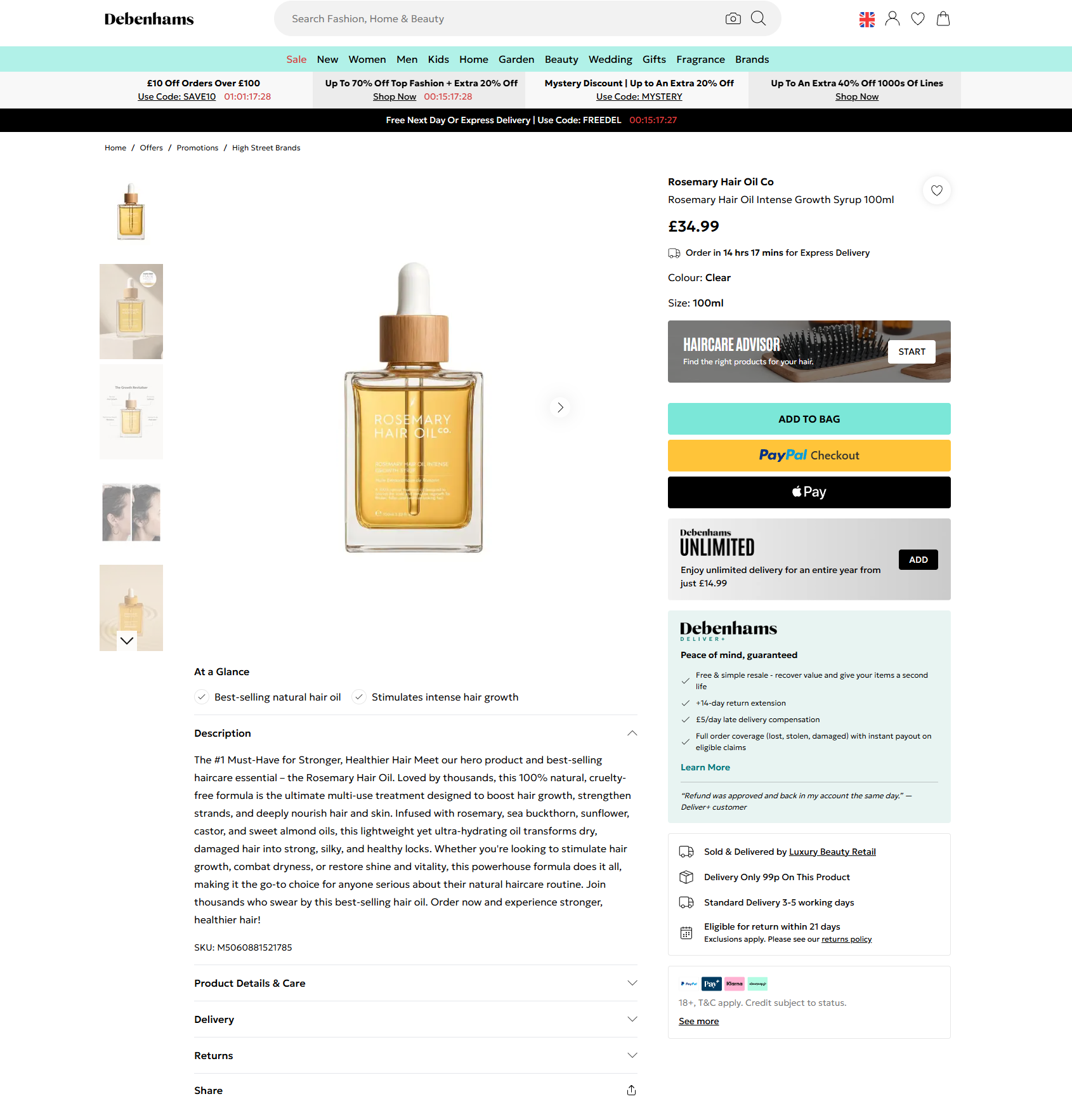 Rosemary Hair Oil Co Intense Growth Syrup 100ml listed on Debenhams