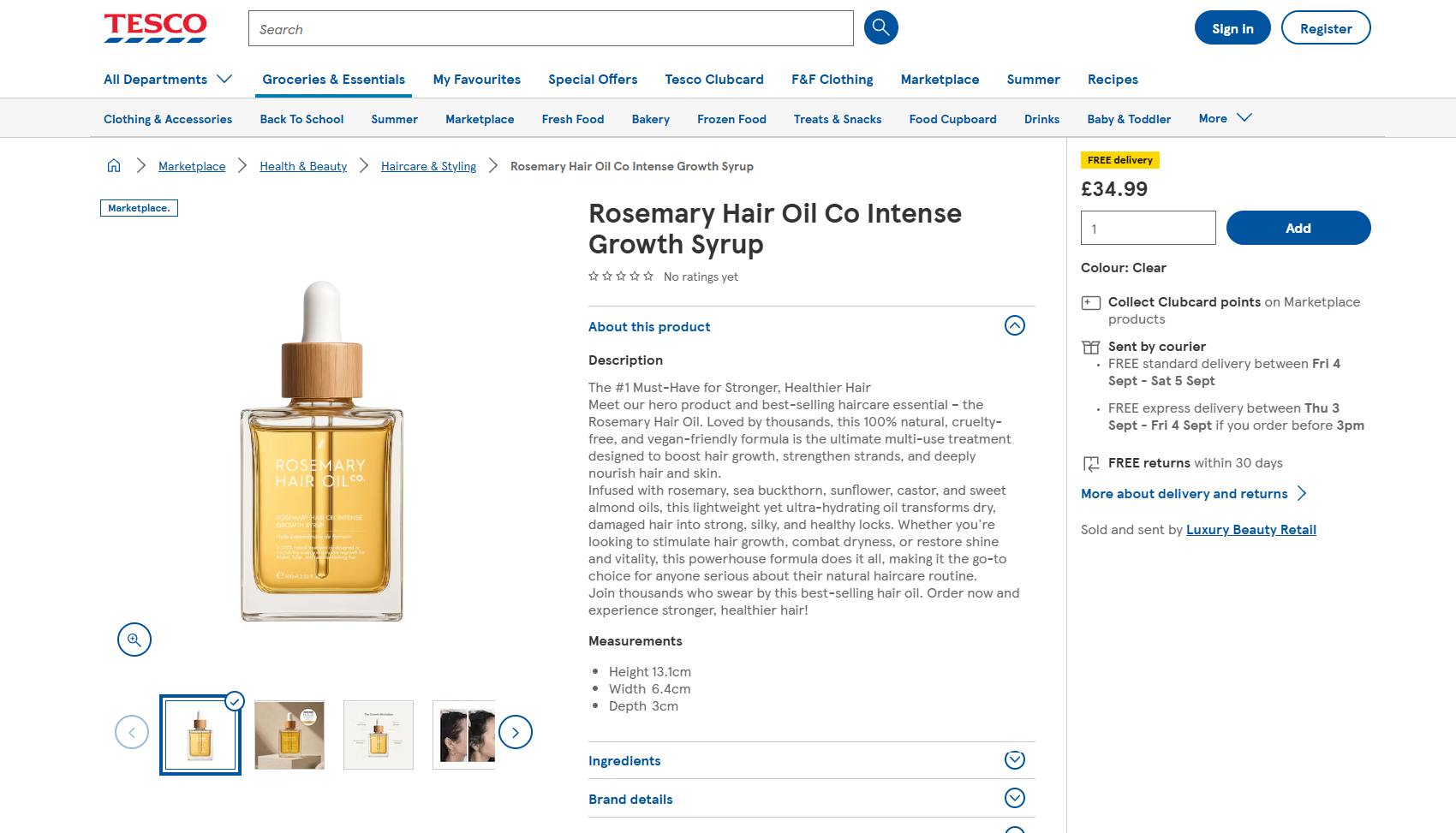 Rosemary Hair Oil Co Intense Growth Syrup listed on Tesco Groceries