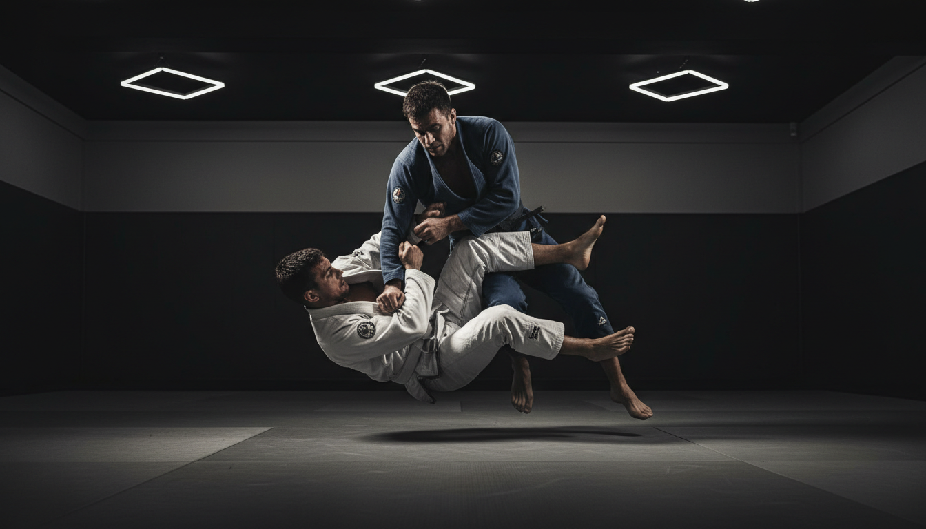 Brazilian Jiu Jitsu athletes mid-technique on the mats