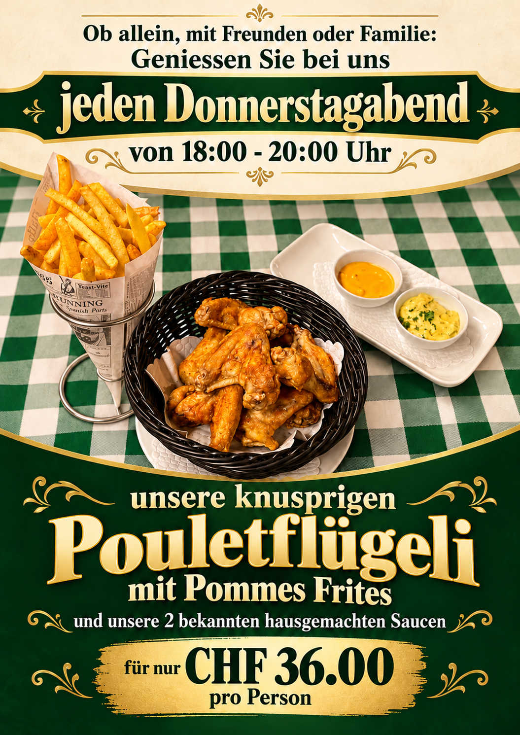 Pouletflügeli à Discrétion – jeden Donnerstag für CHF 36.00 pro Person im Landgasthaus Strauss