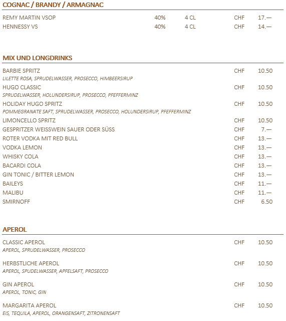 Getränkekarte – Mix und Longdrinks