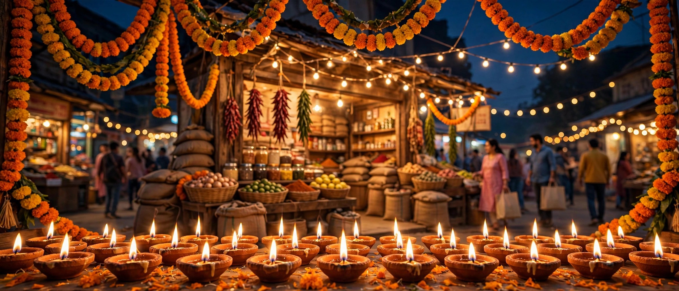 Diwali marketplace lit with diyas and marigold garlands