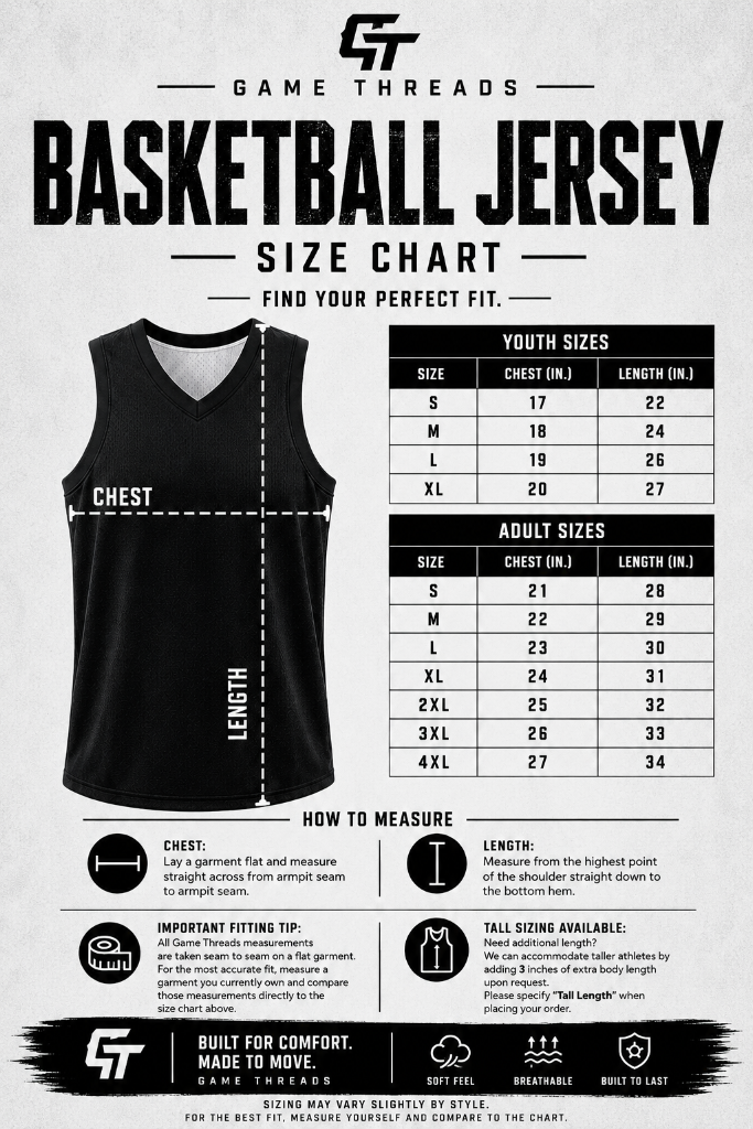 Basketball Jersey — Youth & Adult size chart. Size range and measurements are shown on the chart.