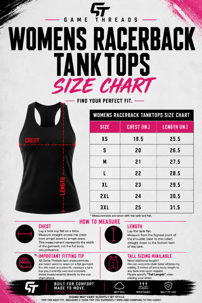 Women's Racerback Tank — Women's size chart. Size range and measurements are shown on the chart.