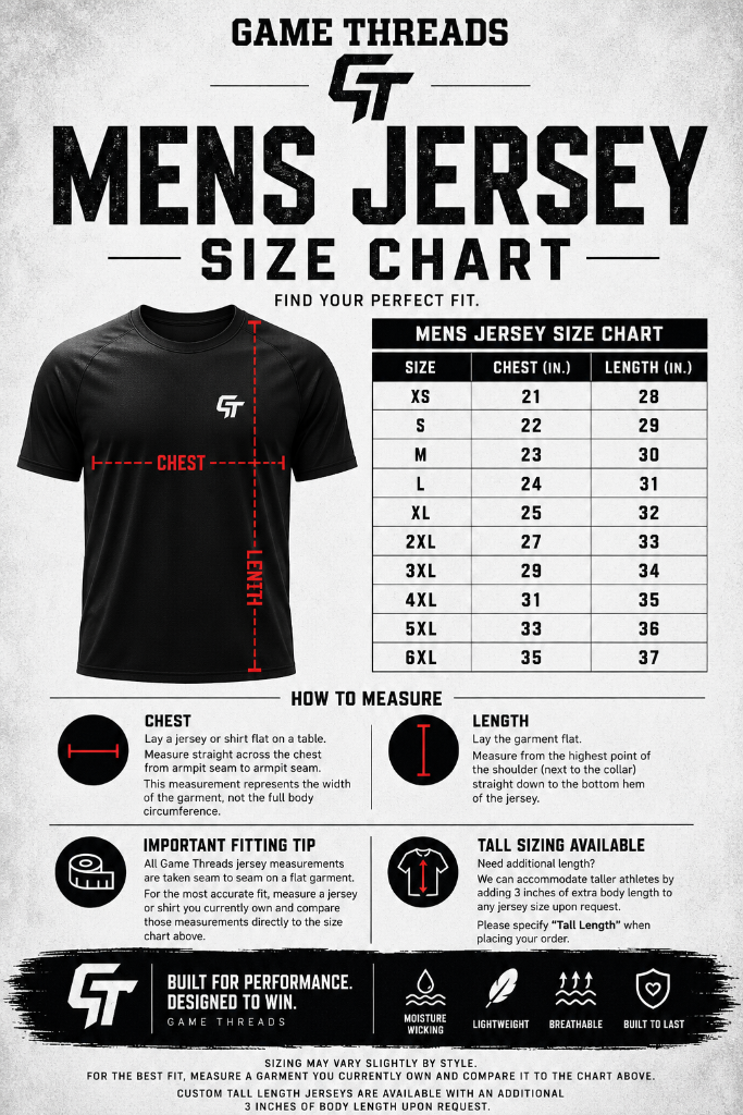 Men's Jersey — Men's / Unisex (Adult) size chart. Size range and measurements are shown on the chart.
