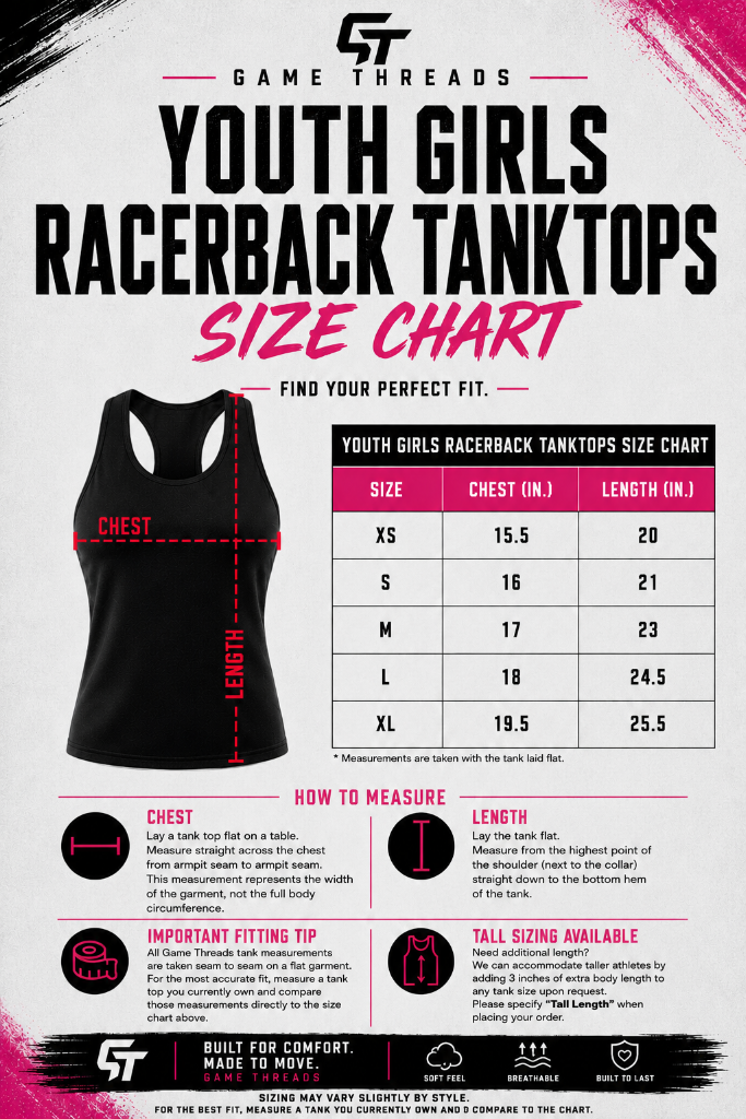 Youth Girls Racerback Tank — Youth Girls size chart. Size range and measurements are shown on the chart.