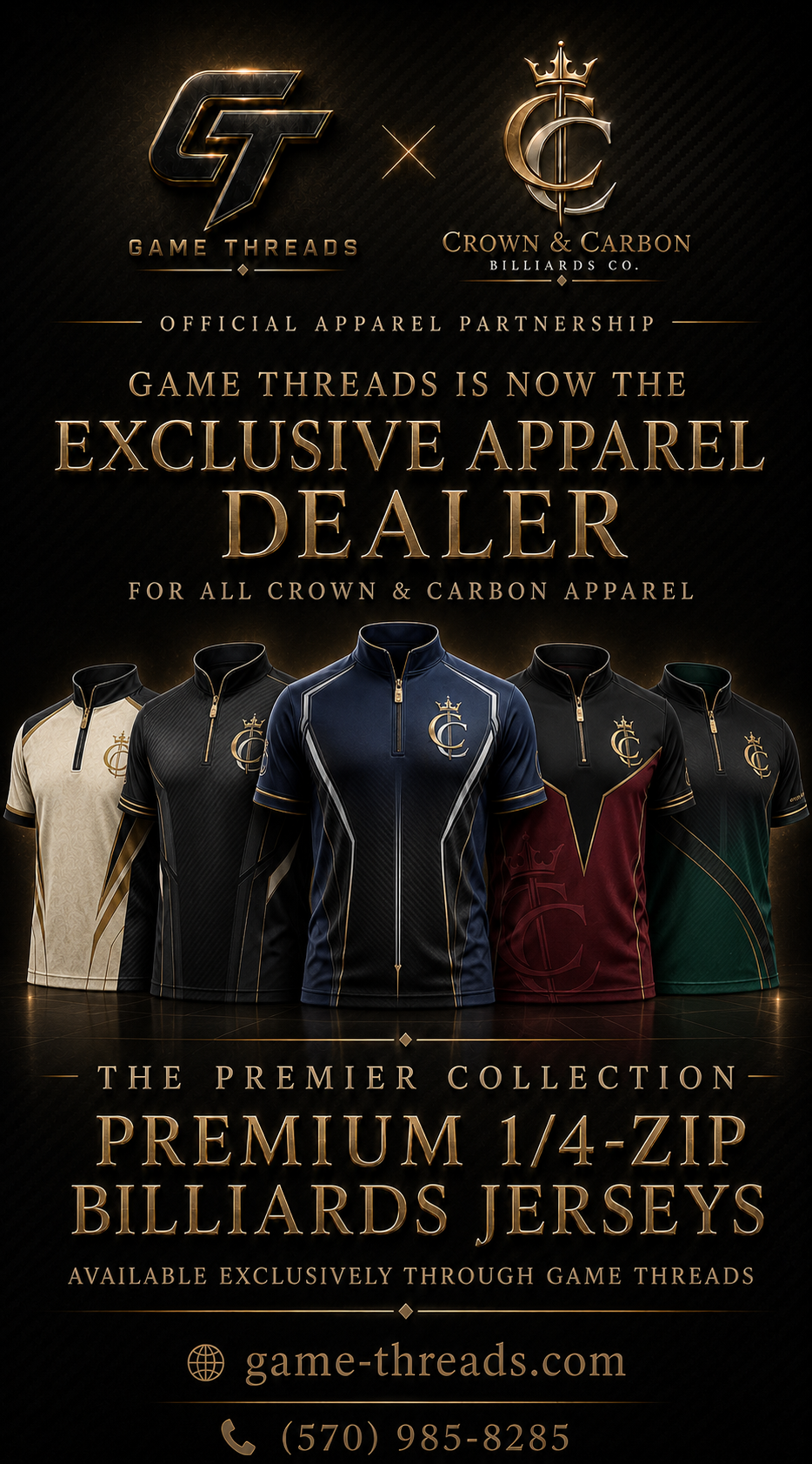 Crown & Carbon Billiards Co. partnership with Game Threads — exclusive apparel partner and authorized online retailer