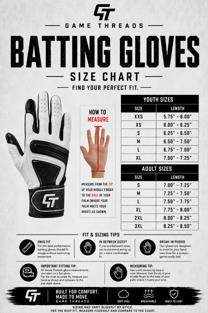 Batting Gloves — Adult & Youth size chart. Size range and measurements are shown on the chart.