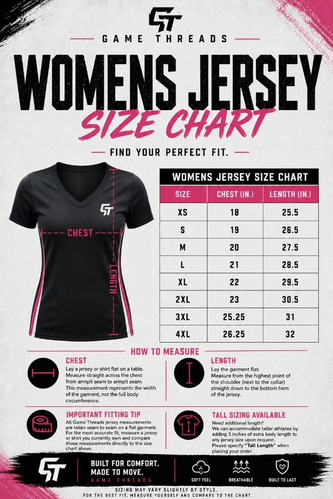 Women's Jersey — Women's size chart. Size range and measurements are shown on the chart.