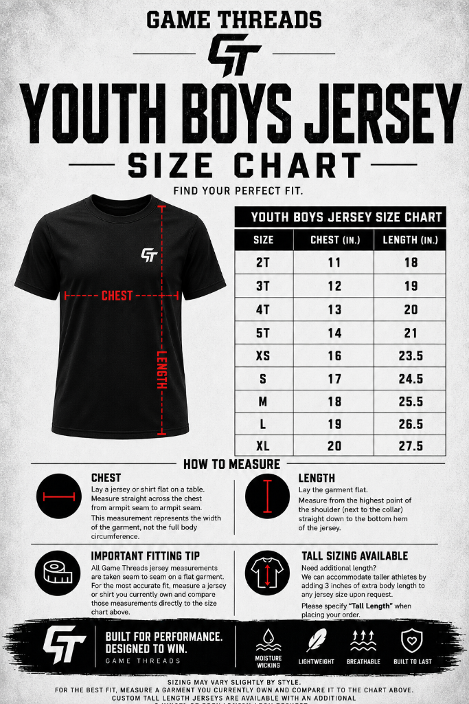 Youth Boys Jersey — Youth Boys size chart. Size range and measurements are shown on the chart.