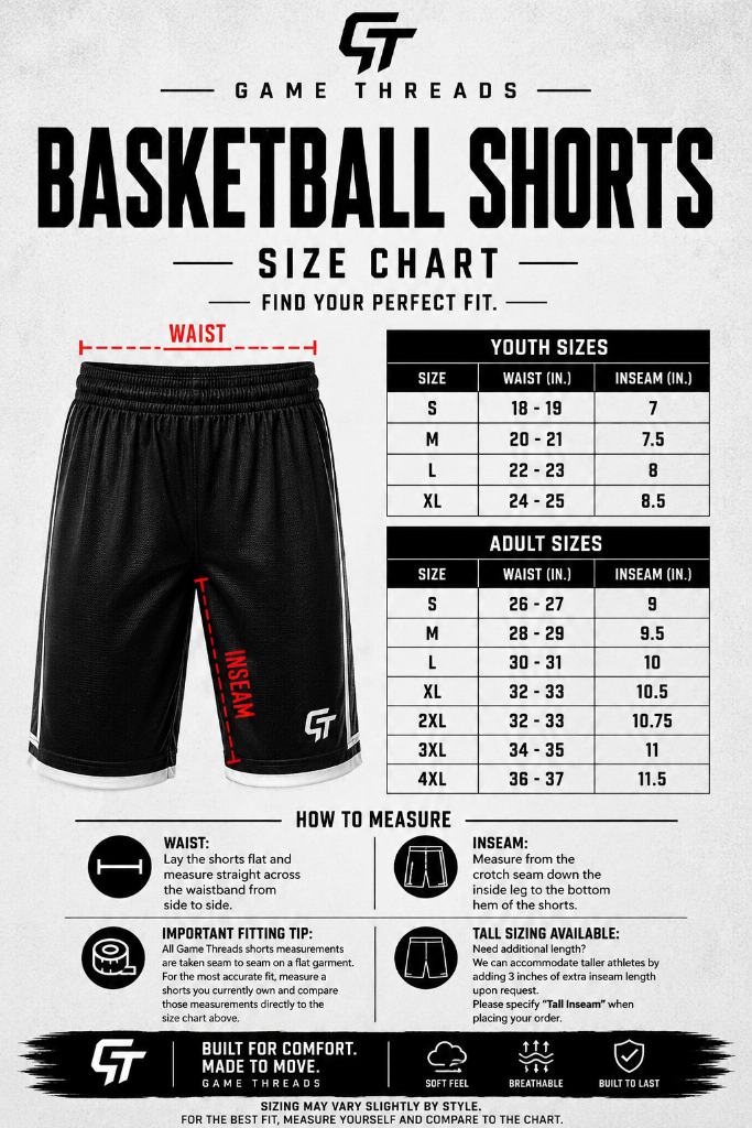 Basketball Shorts — Youth & Adult size chart. Size range and measurements are shown on the chart.
