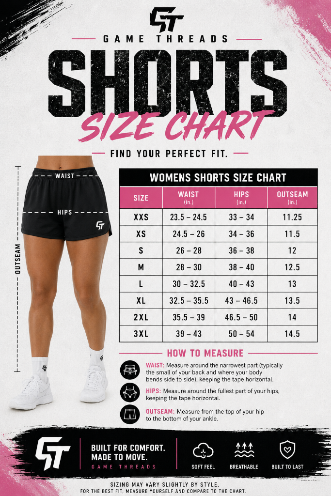 Women's Shorts — Women's & Youth Girls size chart. Size range and measurements are shown on the chart.