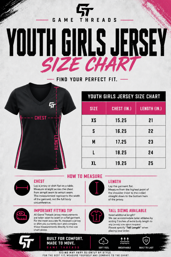 Youth Girls Jersey — Youth Girls size chart. Size range and measurements are shown on the chart.