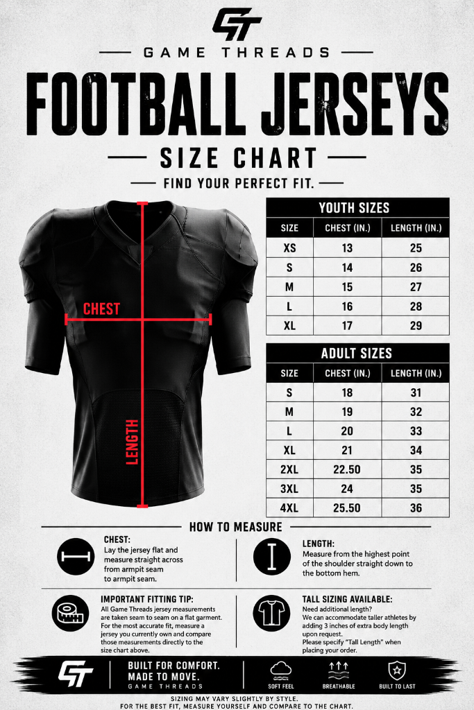 Football Jerseys — Youth & Adult size chart. Size range and measurements are shown on the chart.