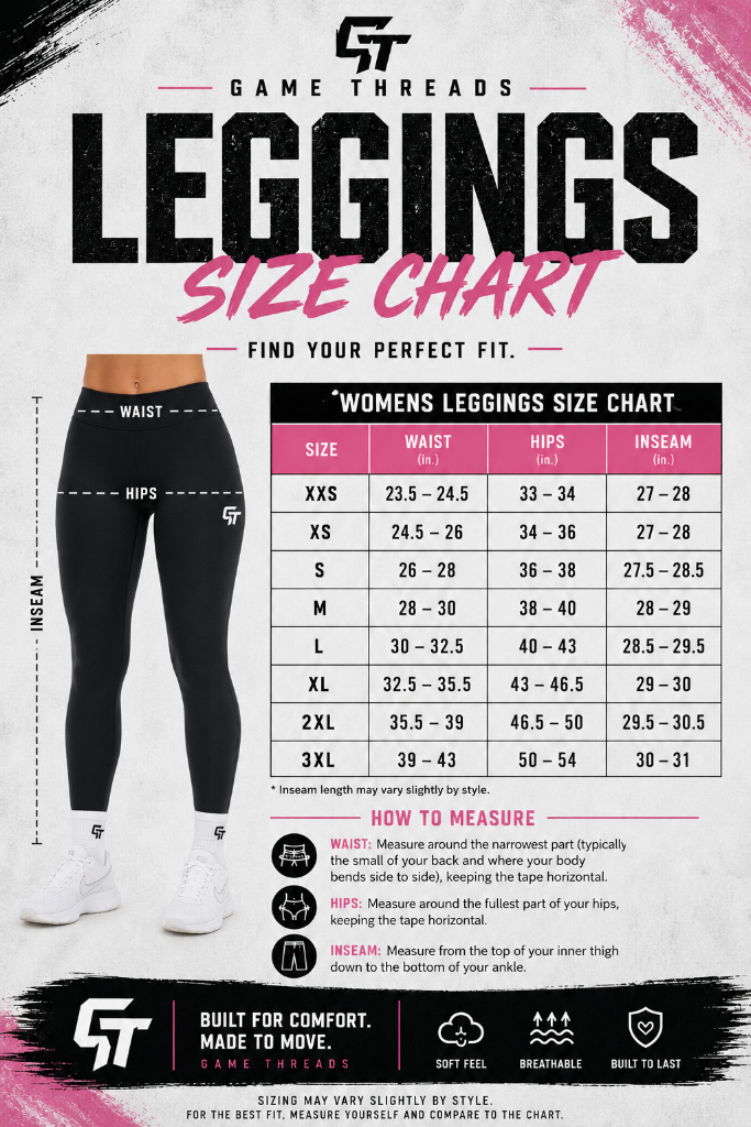 Women's Leggings — Women's size chart. Size range and measurements are shown on the chart.