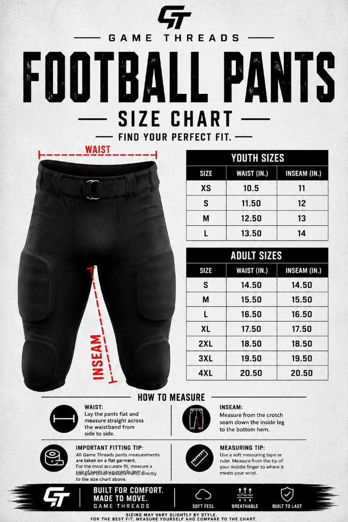 Football Pants — Youth & Adult size chart. Size range and measurements are shown on the chart.