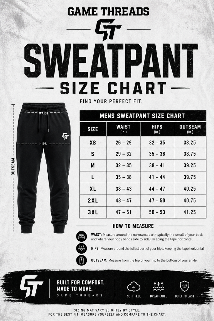 Men's Sweatpants — Men's / Unisex (Adult) size chart. Size range and measurements are shown on the chart.