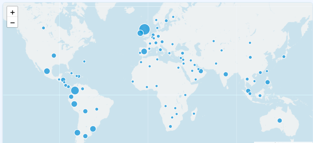 World map showing CoDesignS ESD Toolkit downloads across 80+ countries