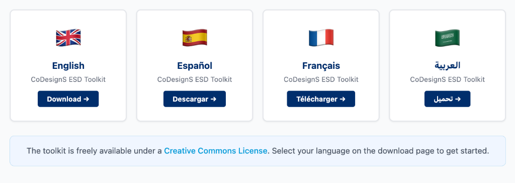 CoDesignS ESD Toolkit download options in English, Español, Français, and العربية