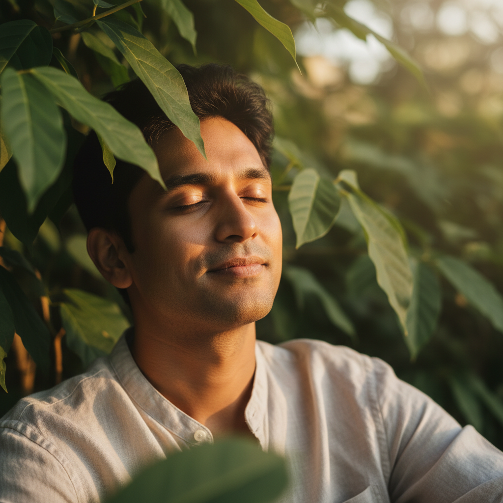 Homme paisible en pleine nature, gestion du stress et sérénité
